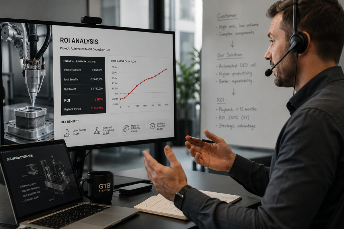 Sales engineer presenting ROI analysis to a customer